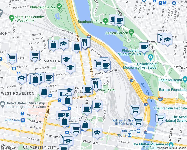 map of restaurants, bars, coffee shops, grocery stores, and more near 435 North 33rd Street in Philadelphia