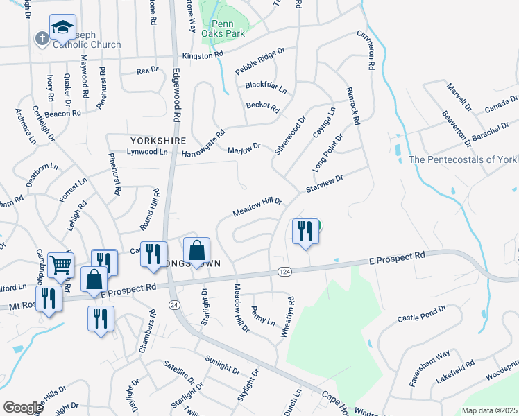 map of restaurants, bars, coffee shops, grocery stores, and more near 138 Meadow Hill Drive in York