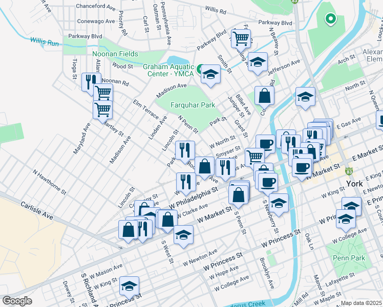 map of restaurants, bars, coffee shops, grocery stores, and more near 215 Park Place in York