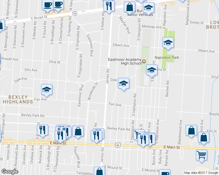 map of restaurants, bars, coffee shops, grocery stores, and more near 418 S James Rd in Columbus