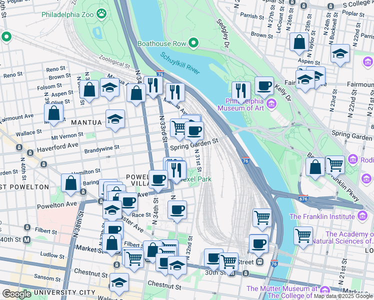 map of restaurants, bars, coffee shops, grocery stores, and more near 433 North 32nd Street in Philadelphia