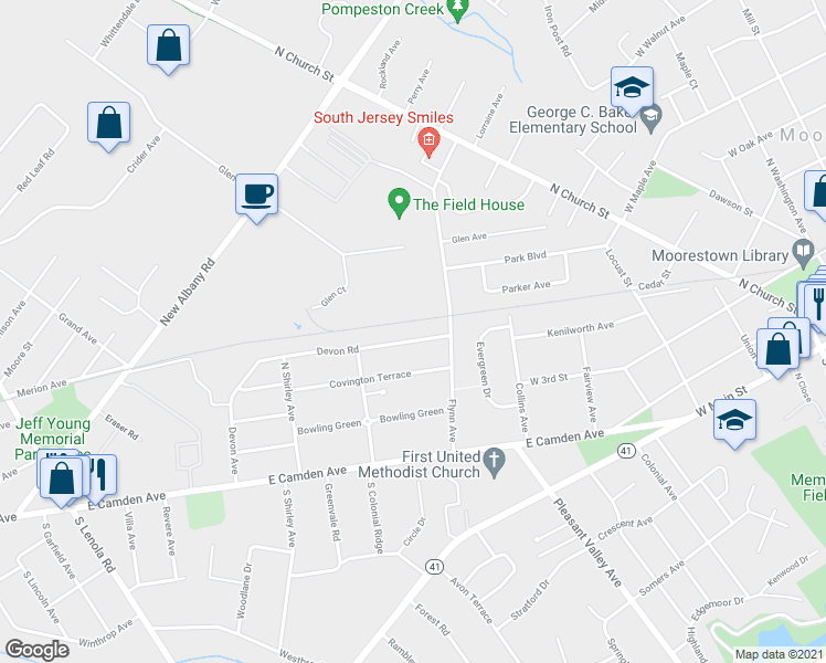 map of restaurants, bars, coffee shops, grocery stores, and more near 509 Devon Road in Moorestown