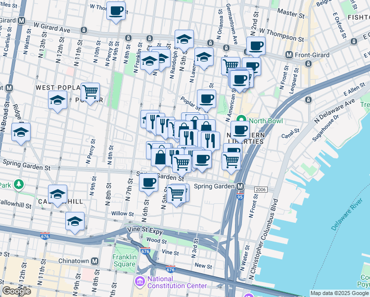 map of restaurants, bars, coffee shops, grocery stores, and more near 424 Fairmount Avenue in Philadelphia