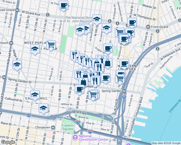 map of restaurants, bars, coffee shops, grocery stores, and more near 638 North 5th Street in Philadelphia