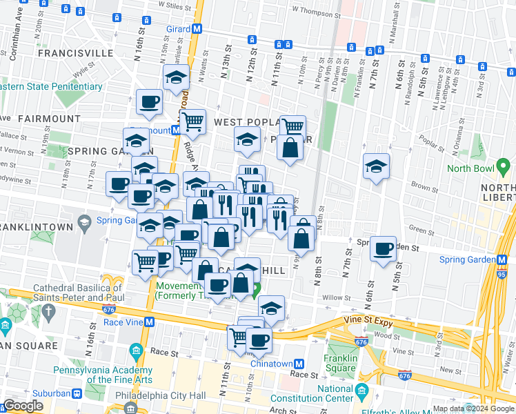 map of restaurants, bars, coffee shops, grocery stores, and more near 602 North 11th Street in Philadelphia