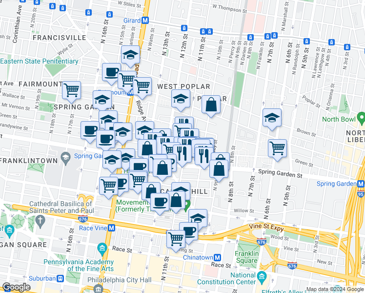map of restaurants, bars, coffee shops, grocery stores, and more near 602 North 11th Street in Philadelphia