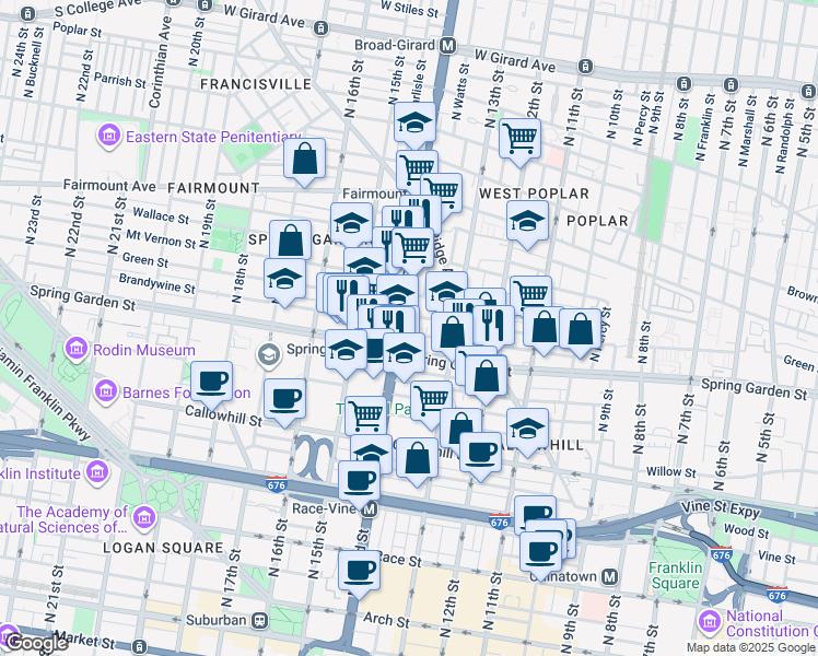 map of restaurants, bars, coffee shops, grocery stores, and more near 1341 Brandywine Street in Philadelphia