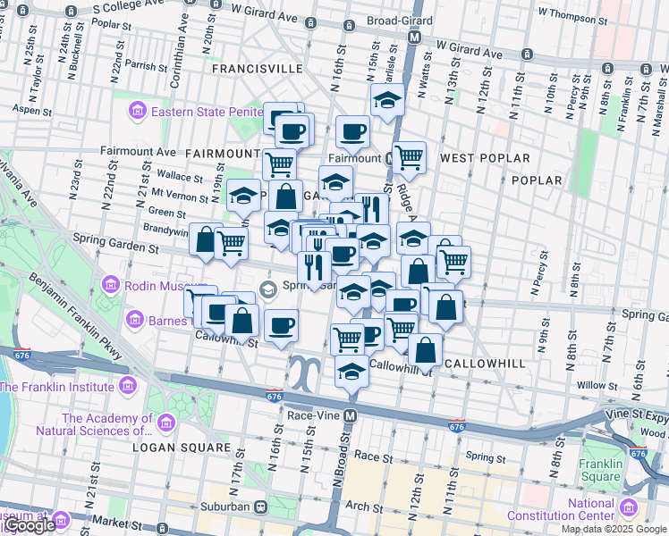 map of restaurants, bars, coffee shops, grocery stores, and more near 1515 Spring Garden Street in Philadelphia