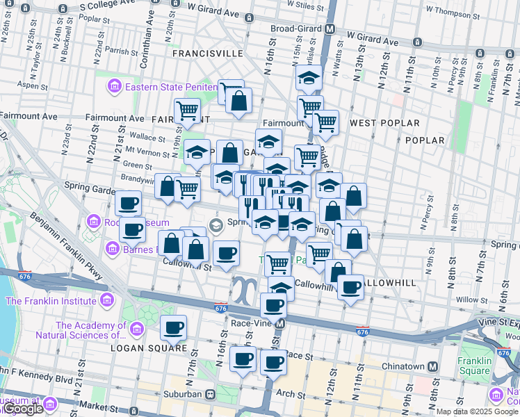 map of restaurants, bars, coffee shops, grocery stores, and more near 1515 Spring Garden Street in Philadelphia