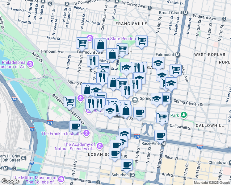 map of restaurants, bars, coffee shops, grocery stores, and more near 1900 Spring Garden Street in Philadelphia