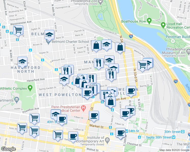 map of restaurants, bars, coffee shops, grocery stores, and more near in Philadelphia