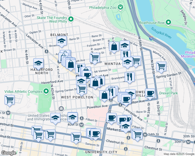 map of restaurants, bars, coffee shops, grocery stores, and more near 3860 Haverford Avenue in Philadelphia