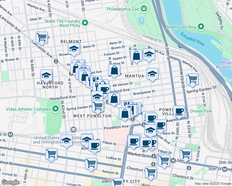 map of restaurants, bars, coffee shops, grocery stores, and more near 3860 Haverford Avenue in Philadelphia