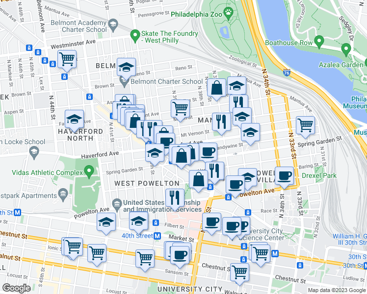 map of restaurants, bars, coffee shops, grocery stores, and more near 3860 Haverford Avenue in Philadelphia