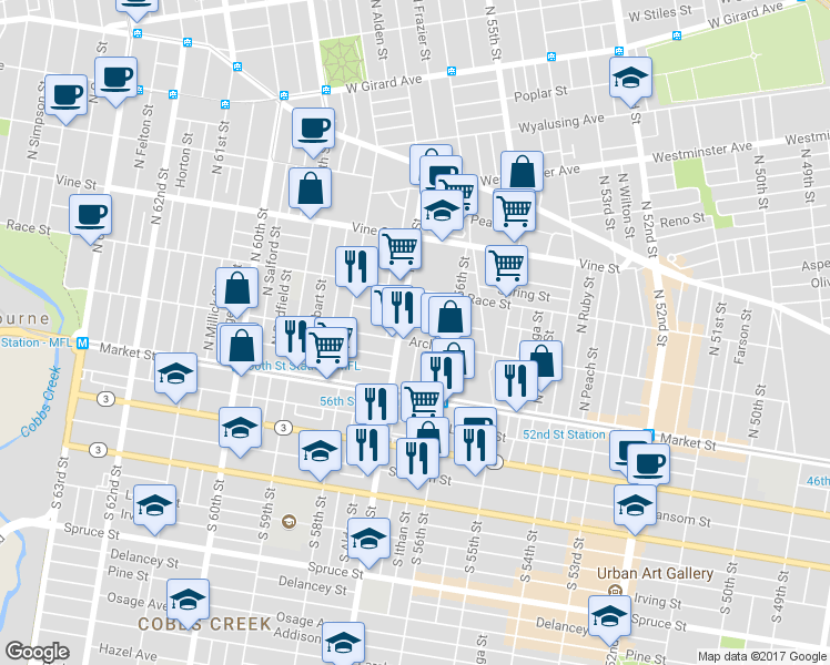 map of restaurants, bars, coffee shops, grocery stores, and more near 5654 Appletree Street in Philadelphia