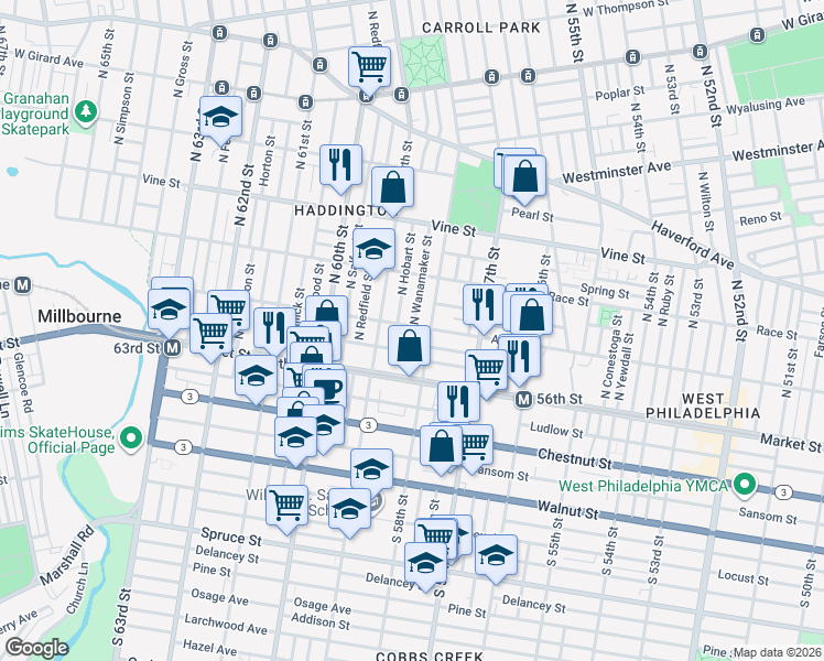 map of restaurants, bars, coffee shops, grocery stores, and more near 5812 Arch Street in Philadelphia