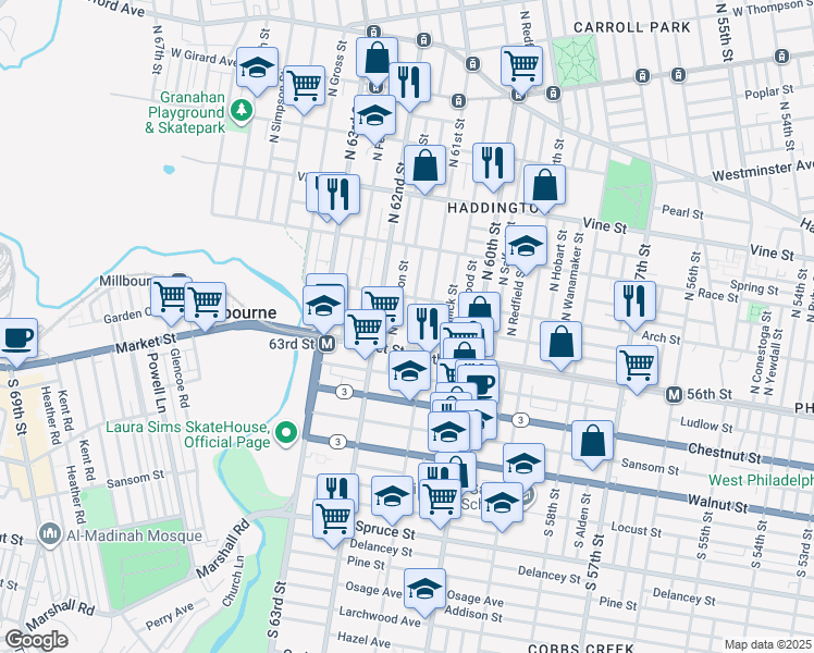map of restaurants, bars, coffee shops, grocery stores, and more near 29 North Dewey Street in Philadelphia