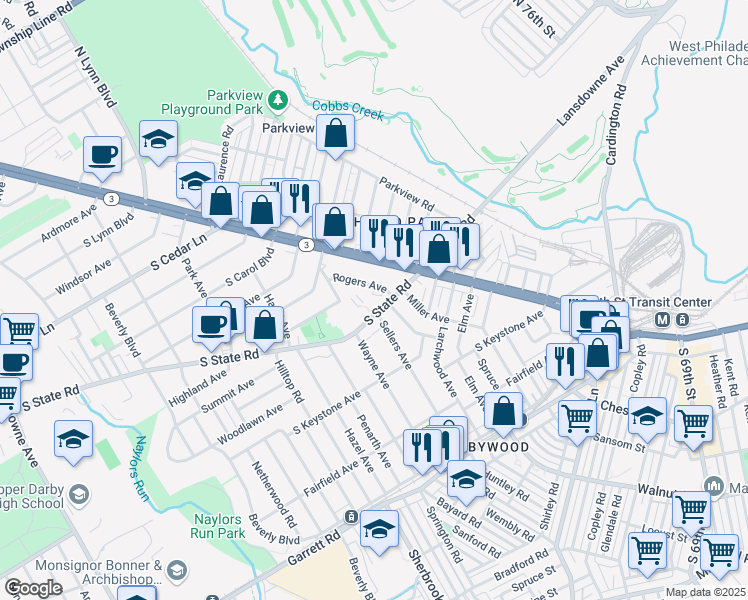 map of restaurants, bars, coffee shops, grocery stores, and more near 40 South State Road in Delaware County