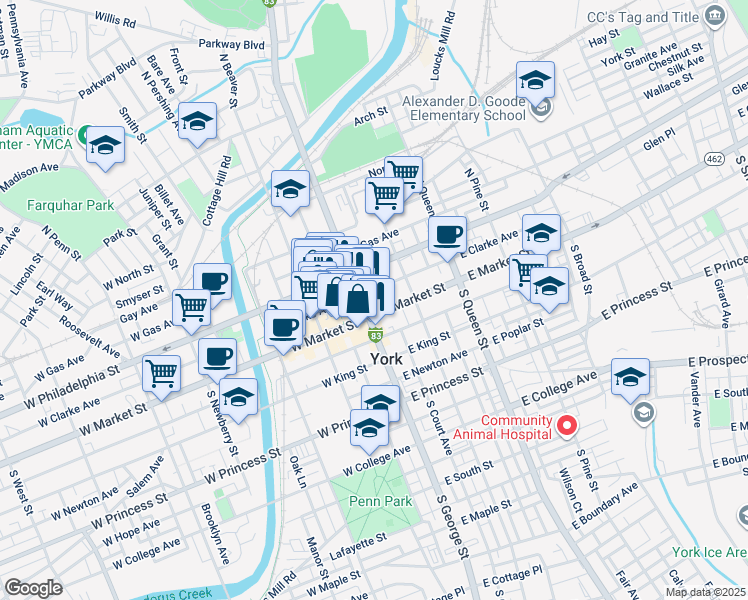map of restaurants, bars, coffee shops, grocery stores, and more near in York