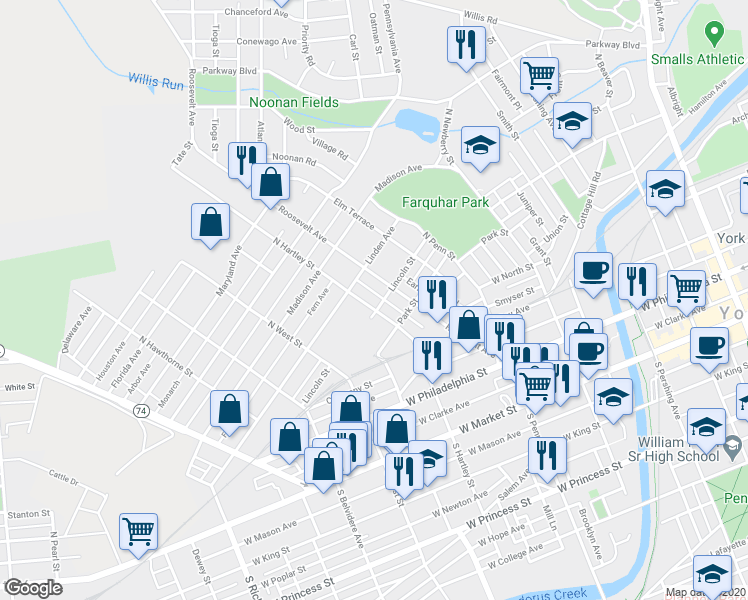 map of restaurants, bars, coffee shops, grocery stores, and more near 484 Lincoln Street in York