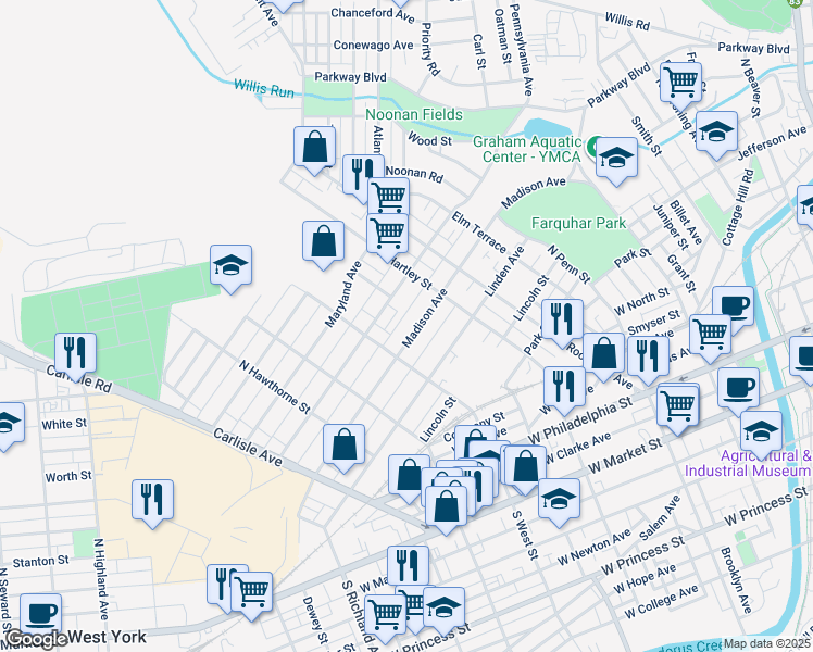 map of restaurants, bars, coffee shops, grocery stores, and more near 557 Rockdale Avenue in York