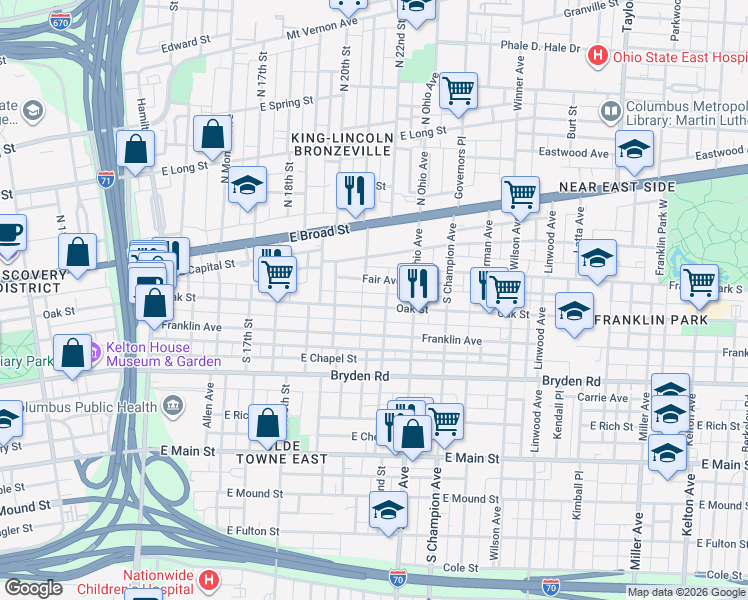map of restaurants, bars, coffee shops, grocery stores, and more near 1034 Oak Street in Columbus