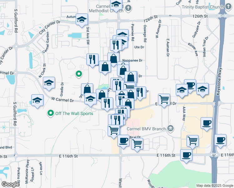 map of restaurants, bars, coffee shops, grocery stores, and more near 1200 South Rangeline Road in Carmel