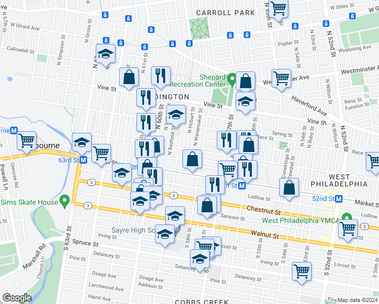 map of restaurants, bars, coffee shops, grocery stores, and more near 5832 Arch Street in Philadelphia