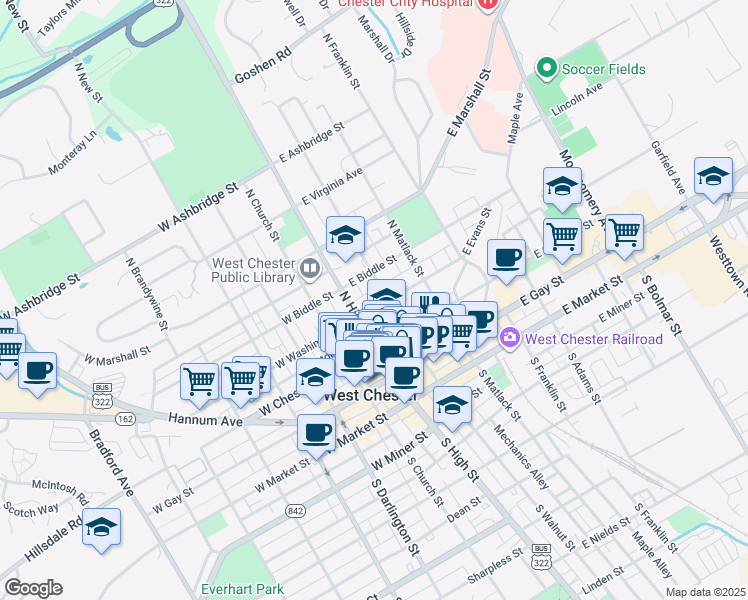 map of restaurants, bars, coffee shops, grocery stores, and more near 25 East Washington Street in West Chester