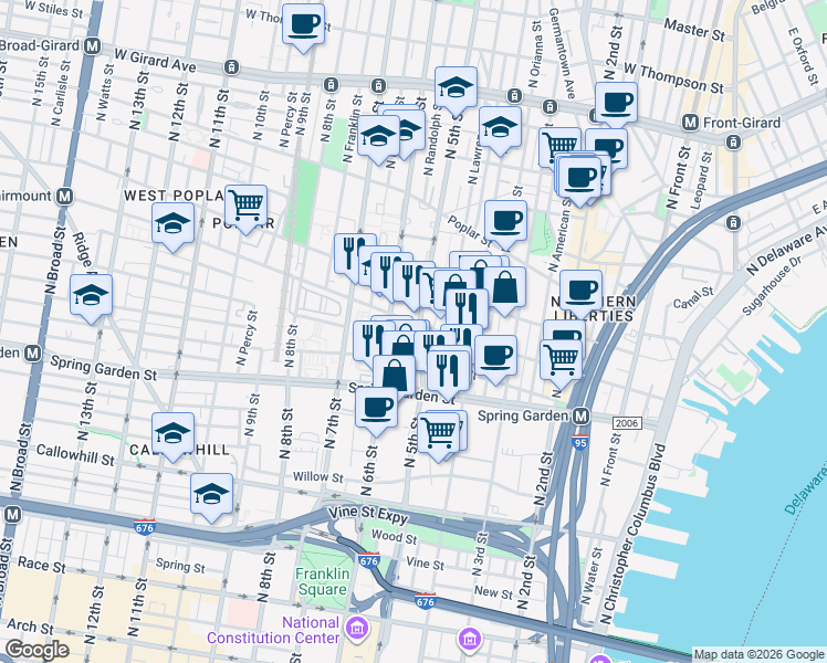 map of restaurants, bars, coffee shops, grocery stores, and more near 640 North 5th Street in Philadelphia