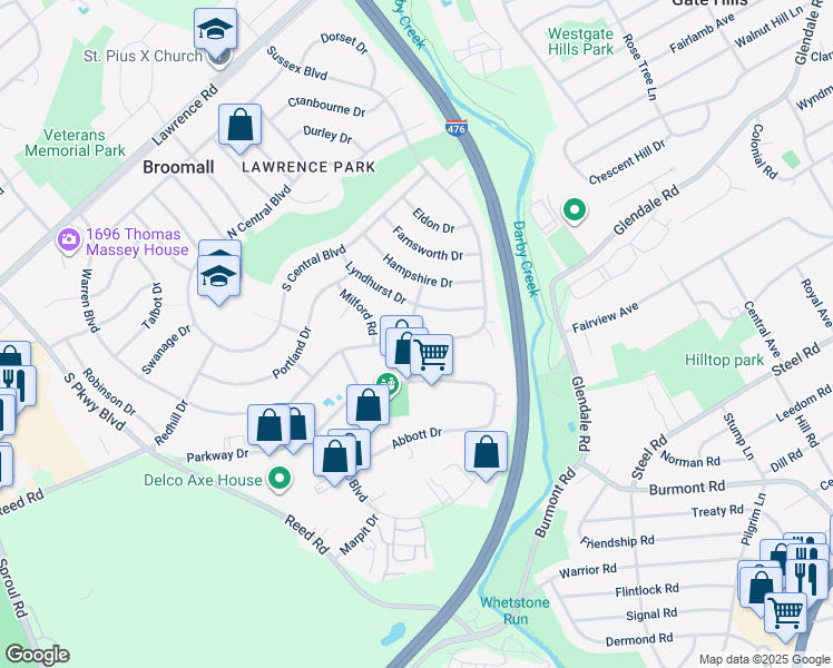 map of restaurants, bars, coffee shops, grocery stores, and more near 604 Warren Boulevard in Broomall