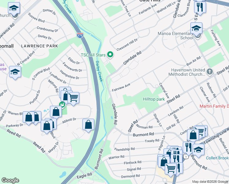 map of restaurants, bars, coffee shops, grocery stores, and more near 1517 Fairview Avenue in Havertown