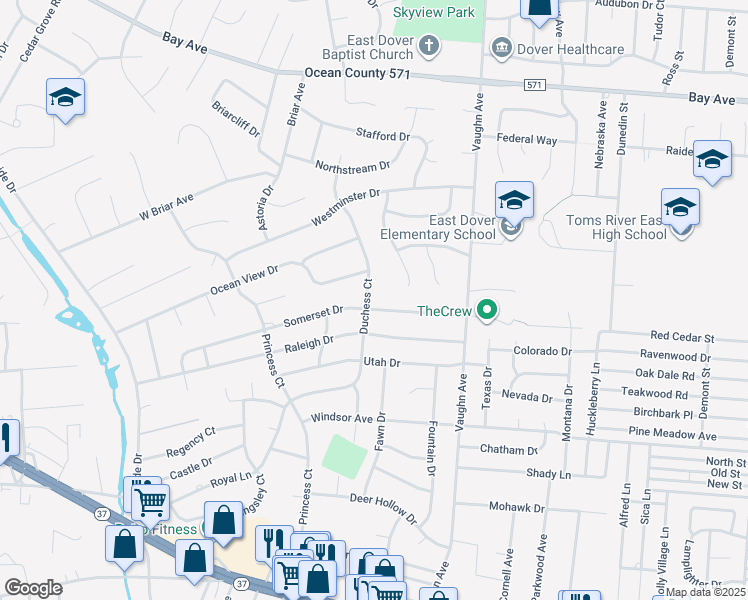 map of restaurants, bars, coffee shops, grocery stores, and more near 600 Duchess Court in Toms River
