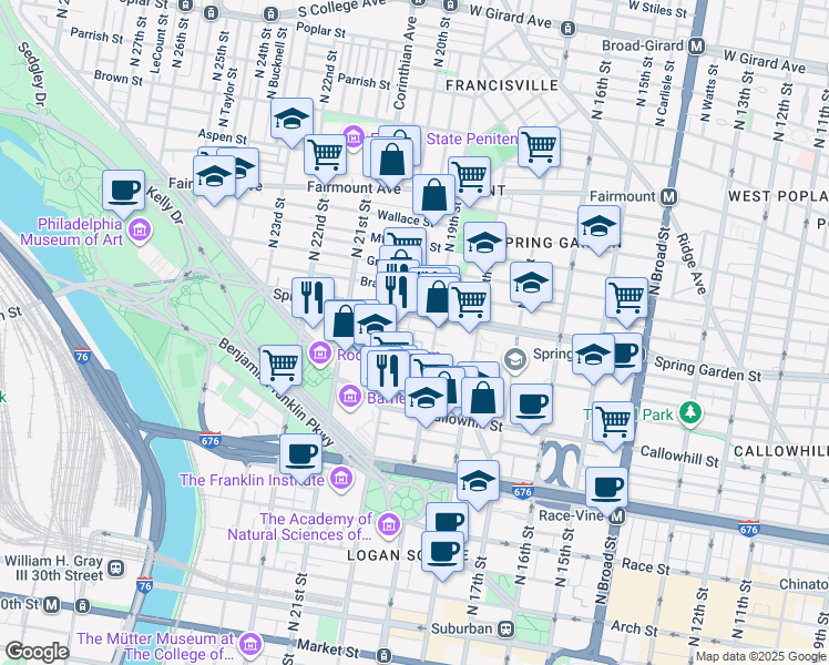 map of restaurants, bars, coffee shops, grocery stores, and more near 1900 Hamilton Street in Philadelphia