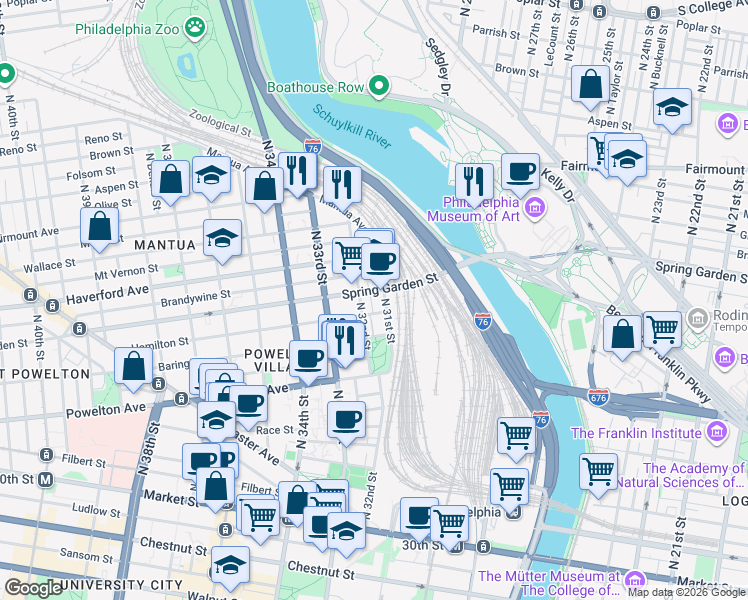 map of restaurants, bars, coffee shops, grocery stores, and more near 435 North Napa Street in Philadelphia
