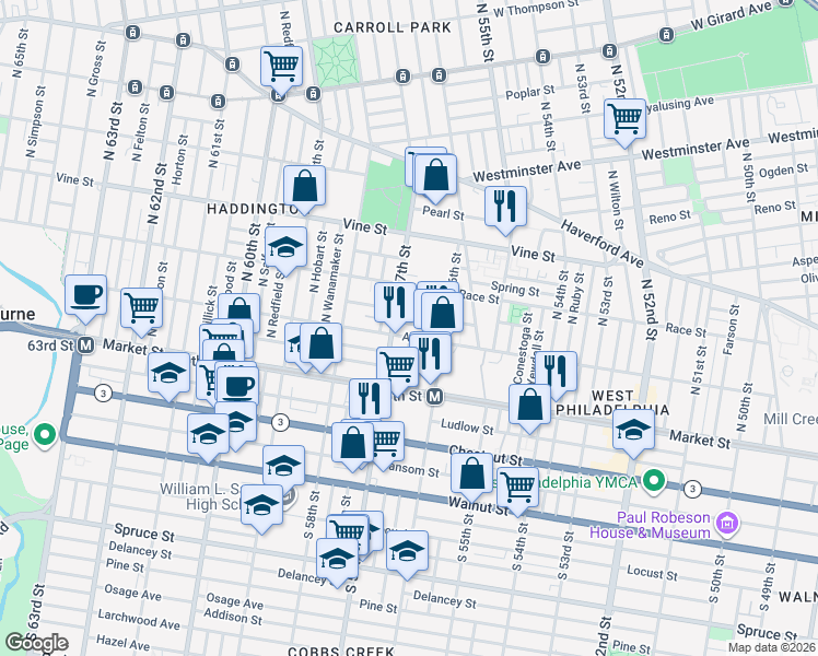 map of restaurants, bars, coffee shops, grocery stores, and more near 5654 Appletree Street in Philadelphia