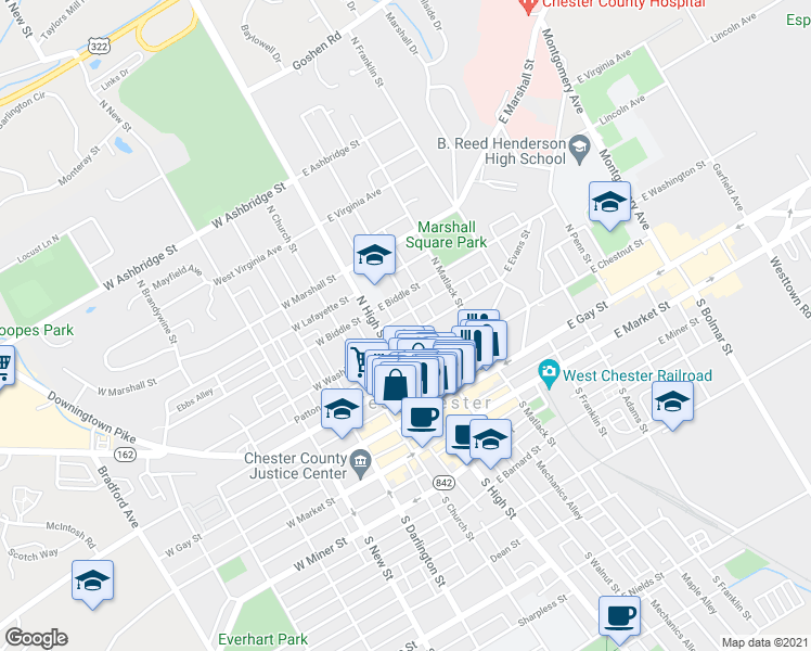 map of restaurants, bars, coffee shops, grocery stores, and more near in West Chester
