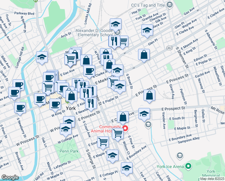 map of restaurants, bars, coffee shops, grocery stores, and more near 63 South Pine Street in York