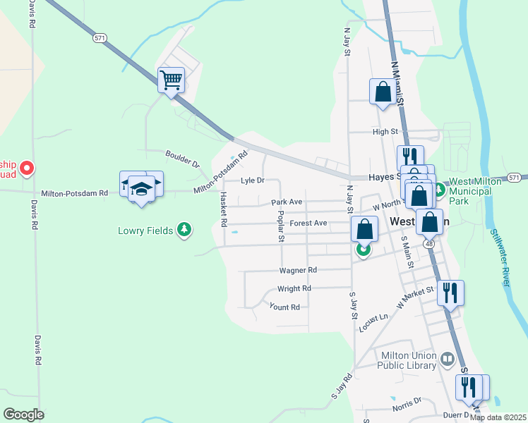 map of restaurants, bars, coffee shops, grocery stores, and more near 433 Park Ave in West Milton