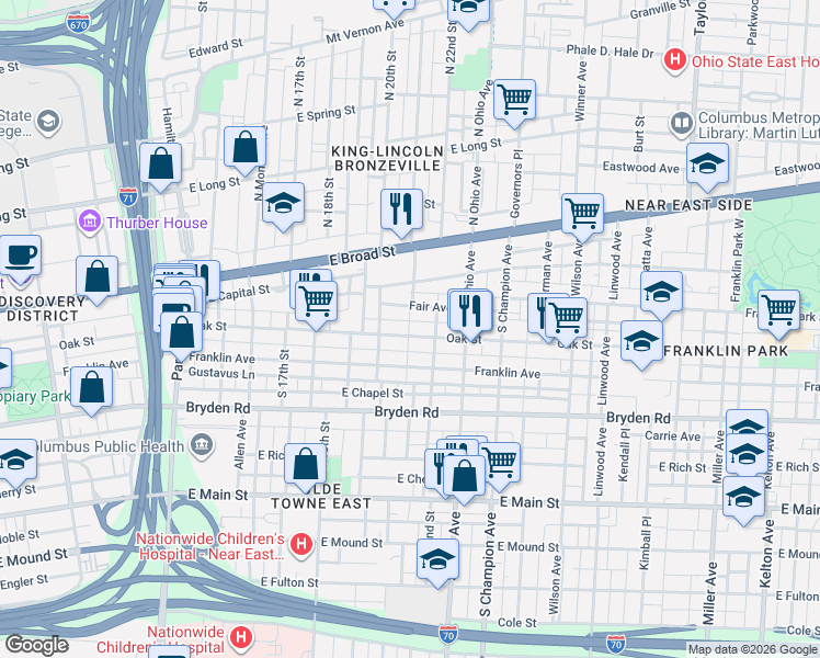 map of restaurants, bars, coffee shops, grocery stores, and more near 1034 Oak Street in Columbus