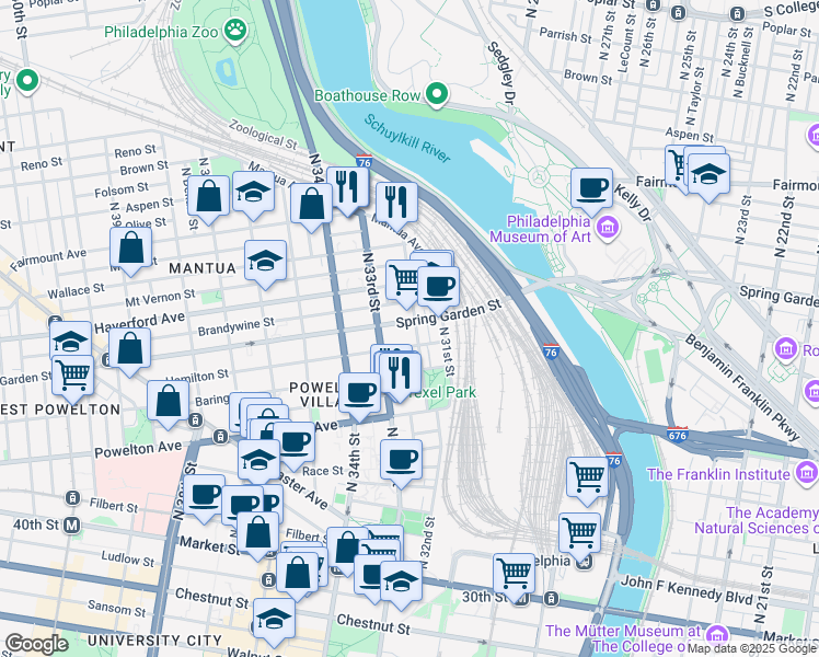 map of restaurants, bars, coffee shops, grocery stores, and more near 438 North 32nd Street in Philadelphia