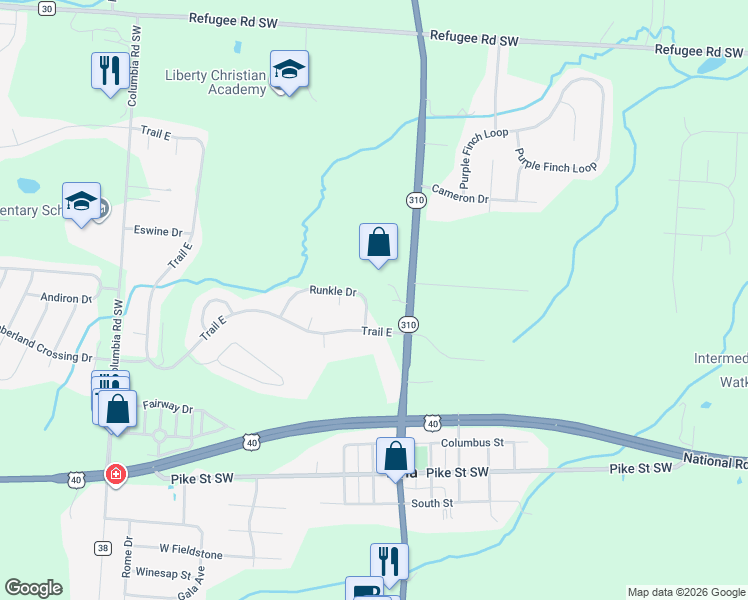 map of restaurants, bars, coffee shops, grocery stores, and more near 46 Runkle Drive in Pataskala
