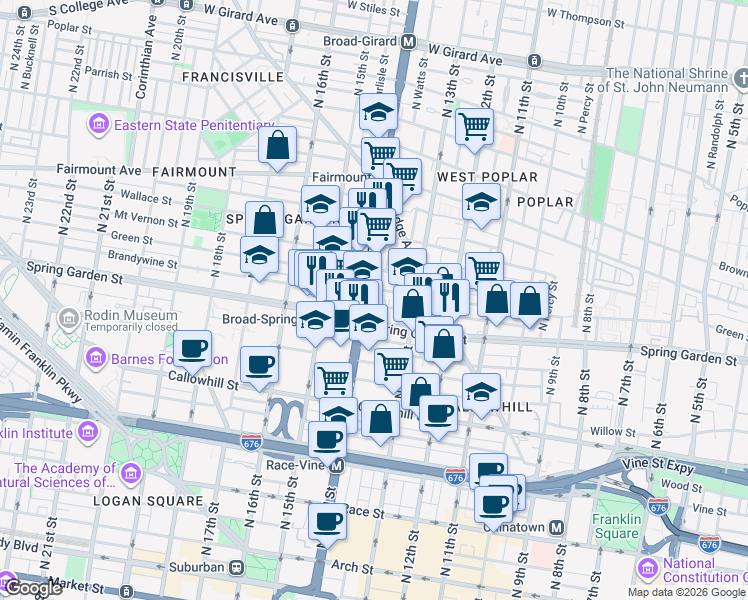 map of restaurants, bars, coffee shops, grocery stores, and more near 1341 Brandywine Street in Philadelphia