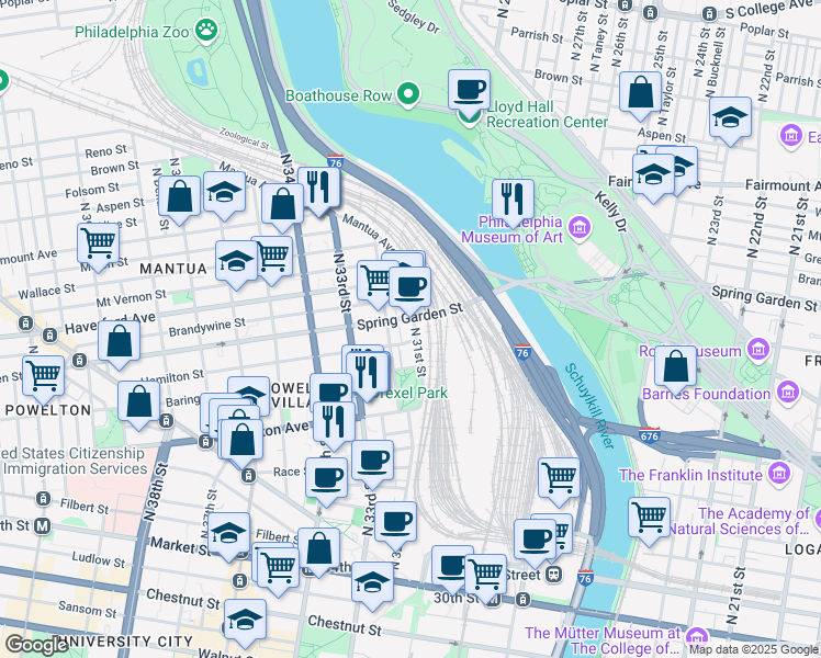 map of restaurants, bars, coffee shops, grocery stores, and more near 434 North 31st Street in Philadelphia