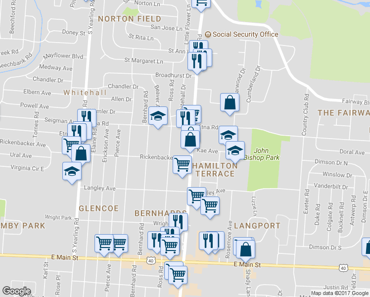 map of restaurants, bars, coffee shops, grocery stores, and more near 611 South Hamilton Road in Whitehall