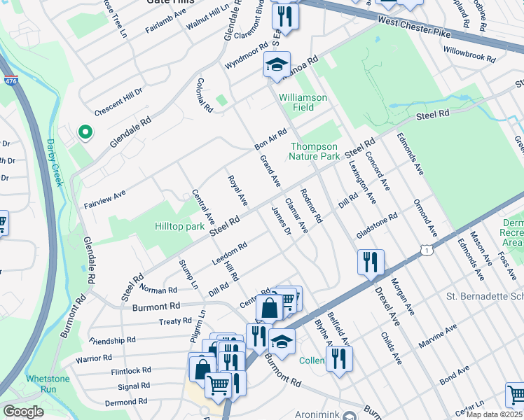 map of restaurants, bars, coffee shops, grocery stores, and more near 249 Belfield Avenue in Havertown