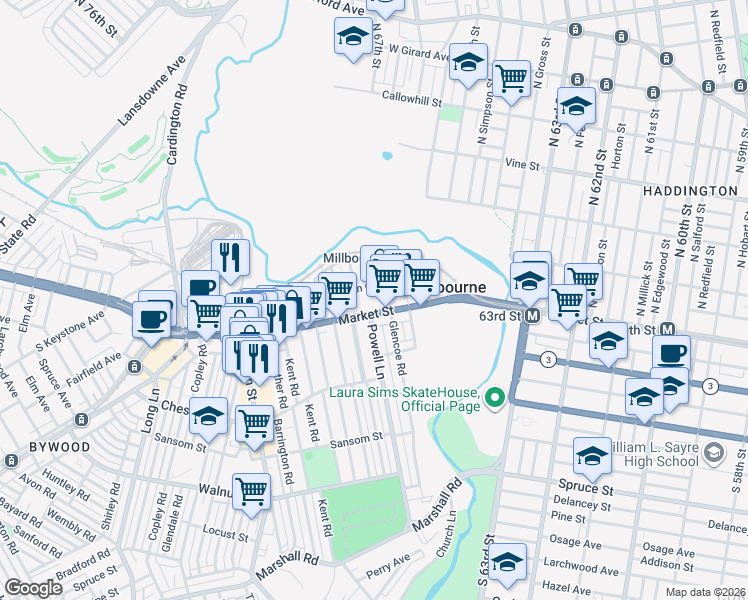 map of restaurants, bars, coffee shops, grocery stores, and more near 6503 Market Street in Millbourne
