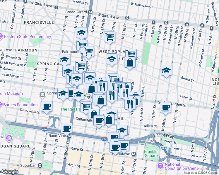 map of restaurants, bars, coffee shops, grocery stores, and more near 1109 Green Street in Philadelphia