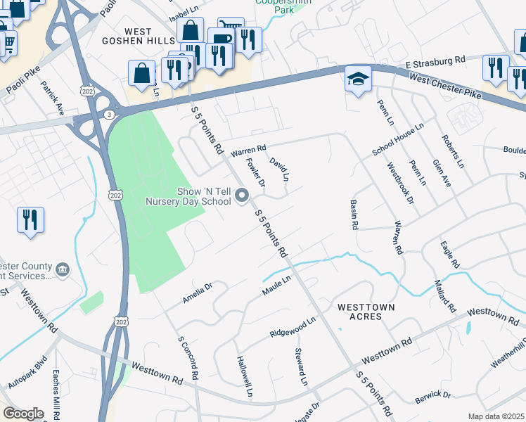 map of restaurants, bars, coffee shops, grocery stores, and more near 305 South 5 Points Road in West Chester