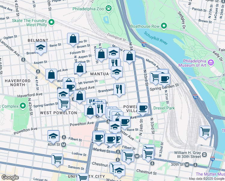 map of restaurants, bars, coffee shops, grocery stores, and more near 3612 Brandywine Street in Philadelphia